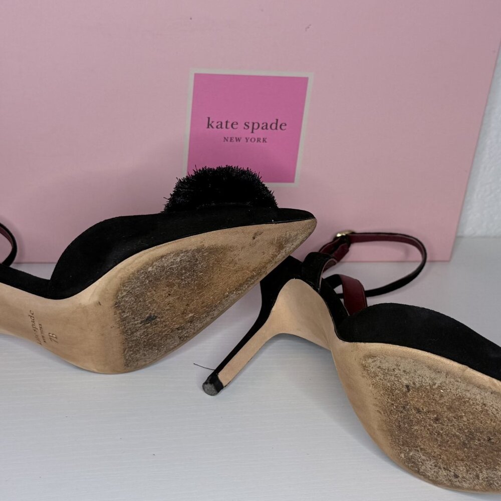 ate Spade Amour Pom Pumps Pointed Toe Heels Black Leather - Picture 3 of 5